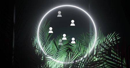Glowing white neon ring floating above green palm fronds in gallery, with six avatar silhouettes....