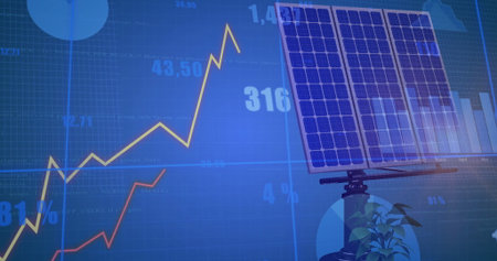 Displaying solar panel on pole above plant against blue grid with yellow or red graphs, copy space....