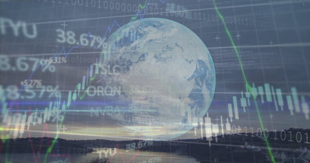 Displaying Earth globe overlaying candlestick charts and line graphs at riverside, with binary code....