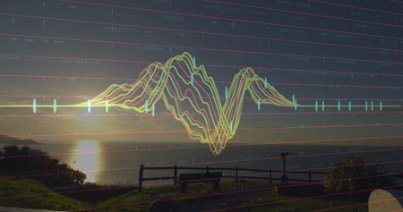 Multicolored waveform overlaying lakeshore at sunset, with bench lamppost grid lines axis labels. Scenic, tranquil, modern, digital, landscape, analysis, reflectiveの写真素材
