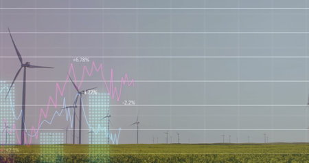 Displaying wind turbines rotating over yellow crop field, with grid lines, line graphs, dotted bars....