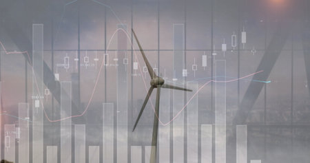 Displaying wind turbine showing financial overlays at foggy wind farm, bar candlestick line graphs....