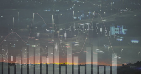 Displaying digital stock chart overlay at urban dusk with candlestick and histogram, light trails....