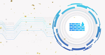 Displaying circular firewall graphic rotating on digital UI, with rings and gold stars, copy space....
