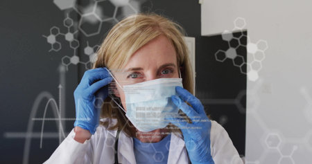 Doctor in lab coat, blue gloves adjusting surgical mask in clinic, stethoscope molecular graphics....