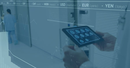 Examining brain scans doctor wearing coat holding tablet in hospital with floating finance charts....