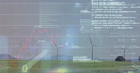Showing three white wind turbines spinning on grassy plain, with digital data overlays. Renewable,...