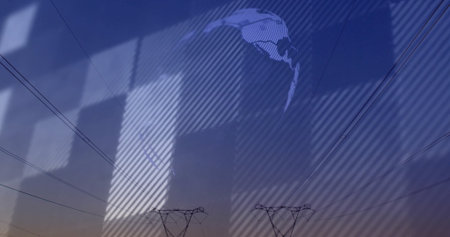 Connecting transmission towers rising on blue to orange gradient, with digital grid, map outline....