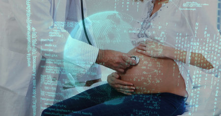 Examining doctor in coat placing stethoscope on pregnant abdomen in clinic with globe overlay....