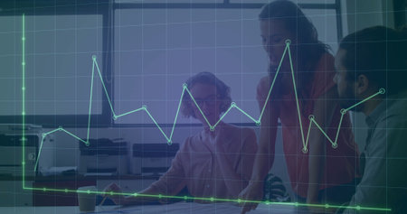 Animation of math formulas over thoughtful caucasian boy learning at schoolの写真素材