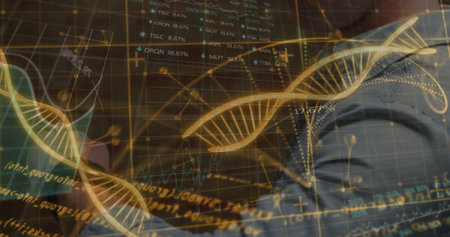 Two analysts wearing blazers studying holographic 3D DNA helix in lab, with code, percent overlays. Genetics, innovation, technology, research, analytics, visualization, scienceの写真素材
