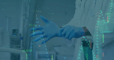Doctor pulling on blue nitrile gloves in hospital room, with bed, monitor, cart and data overlays....