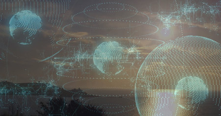 Floating holographic globe drifting above hill and tree line at dusk, with data rings digital lines....