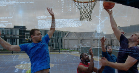 Leaping dark grey shirt player attempting layup at outdoor residential court, with code overlay....