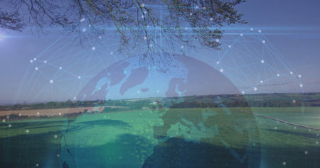 Displaying translucent digital globe overlaying fields, connecting white network nodes and lines....