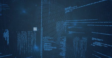 Floating code panels, binary flow, grids and clear blocks drifting in cyberspace with glowing nodes....