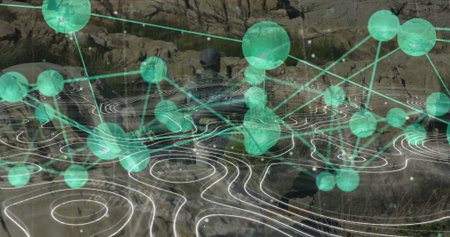 Exploring lone man navigating rocky canyon by water, glowing green data nodes with contour lines....