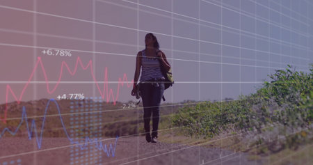 Walking Indian woman carrying green backpack along dirt trail under grid overlay, with line charts....