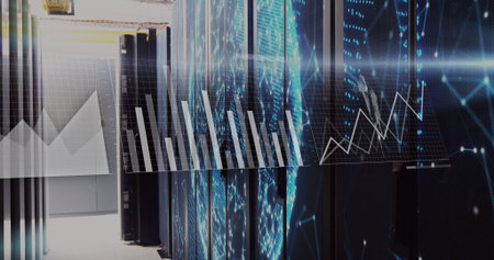Displaying server cabinets running blue LEDs in data center aisle, with chart overlays, yellow rail....
