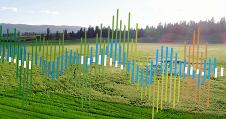 Displaying colored data bars overlaying lush green crop rows at rural farmland, with forested hills. Agriculture, data visualization, infographic, rural landscape, environmental, productivity, natureの写真素材
