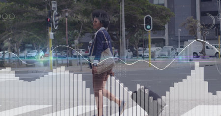 Walking businesswoman carrying suitcase and tote bag across crosswalk, with data overlays. Urban,...