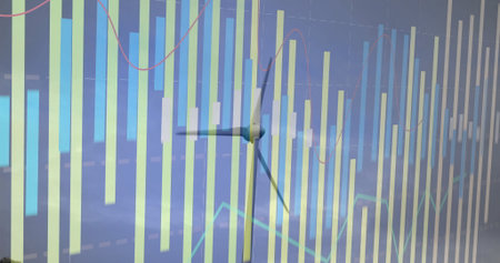 Displaying wind turbine silhouette hovering over bar charts at dashboard, with line graph overlays....