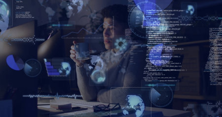 Analyzing code man wearing sweater sipping coffee at monitor in home office with HUD overlays....