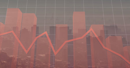 Displaying transparent red bars fluctuating over grid overlay in city skyline, with red line graph....