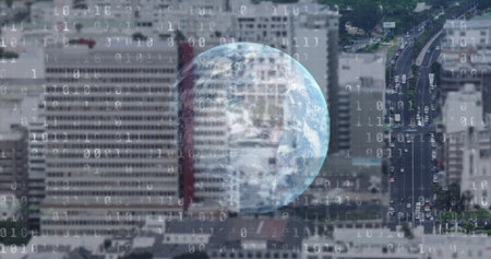 Semi-transparent globe of Earth spinning over traffic and skyscrapers downtown, with binary code....