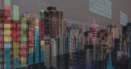 Displaying translucent overlay floating over city skyline with bar, line and histogram charts. Data...