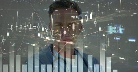 Analyzing doctor in scrubs and stethoscope monitoring charts at office window, with city lights....