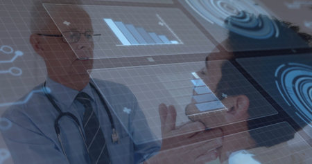 Palpating doctor with stethoscope and glasses probing patient neck in clinic with holographic data....