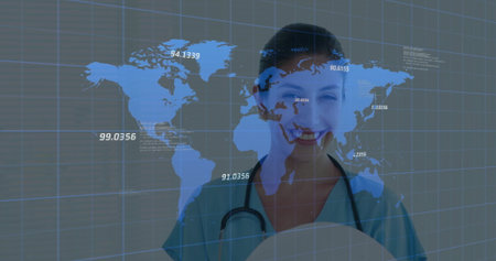 Standing nurse in green scrubs showing world map overlay in studio, with stethoscope, numeric data....