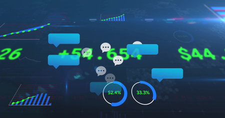 Displaying blue chat bubbles, progress indicators and green numeric values on dark trading screen....