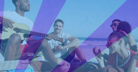 Strumming acoustic guitar, five friends sitting at beach shore, holding popsicles and sunglasses. Outdoors, leisure, summer, relaxation, lifestyle, vibrant, harmonyの写真素材