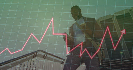 Descending businessman checking smartphone and holding cup on stairs with data overlay, copy space....
