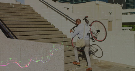 Climbing businessman carrying bicycle and bag up concrete steps in plaza, chart overlay, copy space....