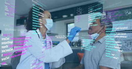 Female healthcare worker in labcoat swabbing senior patient nose in home living room, code overlay....