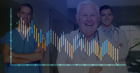 Standing doctors in coats and scrubs in hospital corridor with stethoscopes and bar graph overlay....