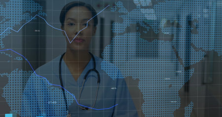 Standing nurse wearing scrubs and stethoscope in hospital, with map overlay and colored line charts. Medical, healthcare, clinical, futuristic, urban, technology, analysisの写真素材
