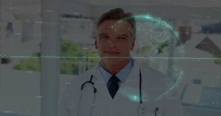 Standing doctor wearing white coat, tie in clinic corridor, with stethoscope, globe hologram....
