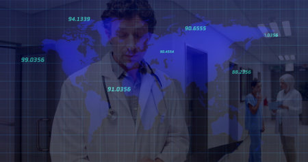 Doctor wearing coat and stethoscope reading chart in hospital corridor, with digital map overlay....
