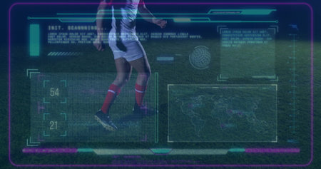 Showing footballer running on grass pitch at night, with AR HUD scanning interface. Athlete,...