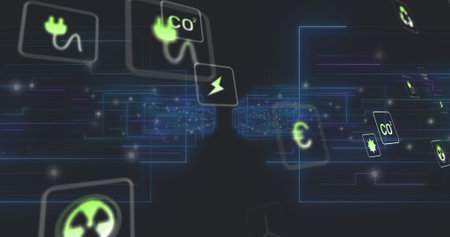 Drifting plug, COâ‚‚, lightning bolt, euro and radiation hazard icons through virtual data...