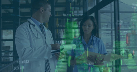 Examining doctor and nurse reviewing paperwork in hospital corridor, with digital charts overlay....