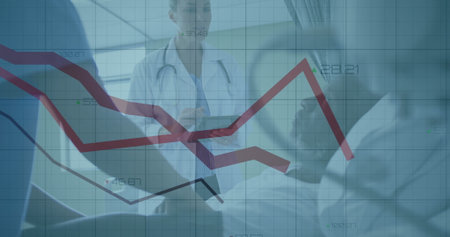 Examining doctor in coat with stethoscope leaning toward patient on hospital bed, with grid overlay....