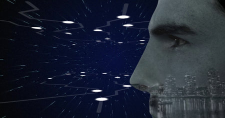 Showing male gazing into digital tunnel with city skyline reflection and warp streaks, copy space....