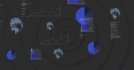 Displaying line graphs, pie charts, bar chart on dashboard with globe icons and code snippets. Technology, data, analytics, visualization, futuristic, digital, innovationの写真素材