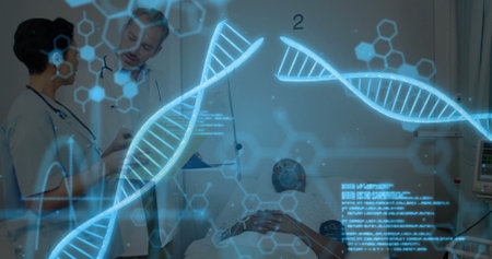 Reviewing two doctors consulting over patient case in hospital exam room, with DNA hologram overlay....