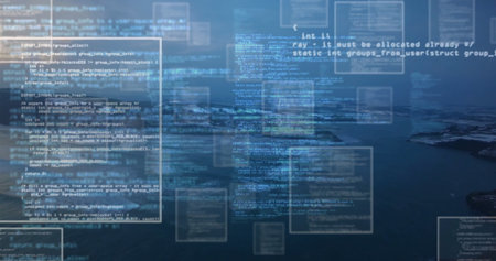 Floating semi-transparent code panels drifting over calm water with rocky islets, digital montage....